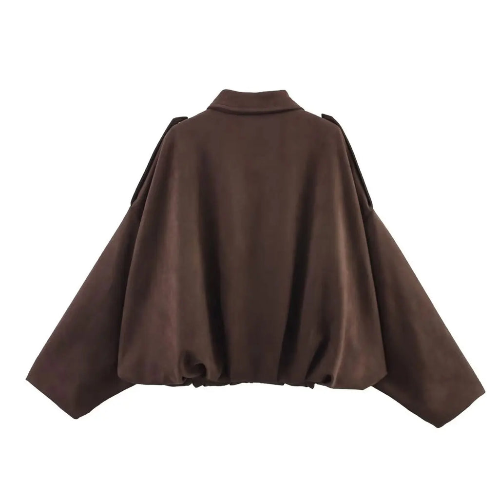HH Women's Street Fashion Solid Loose Suede Texture Coats Causal Long Bat Sleeves Lapel Zipper Fly Winter Vintage Jackets