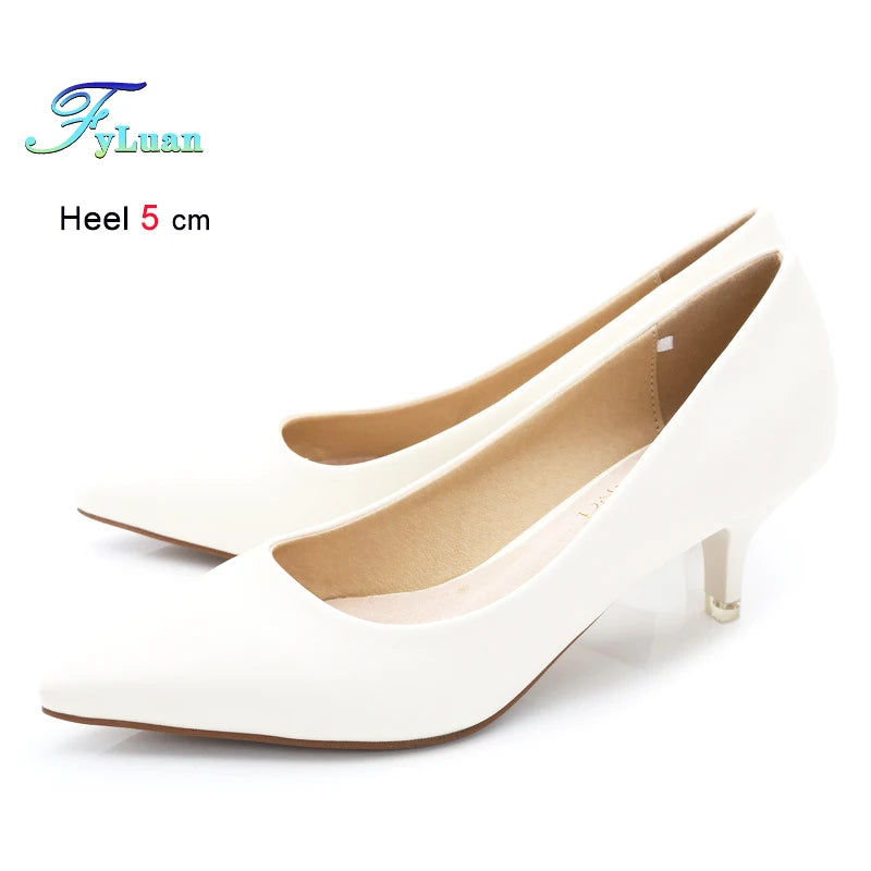 Black Med Heels 5cm Women Shoes Thin Heels Pointed Shallow Mouth Ladies Pumps Ten Colours Microfiber Stiletto Shiny Dating Shoes