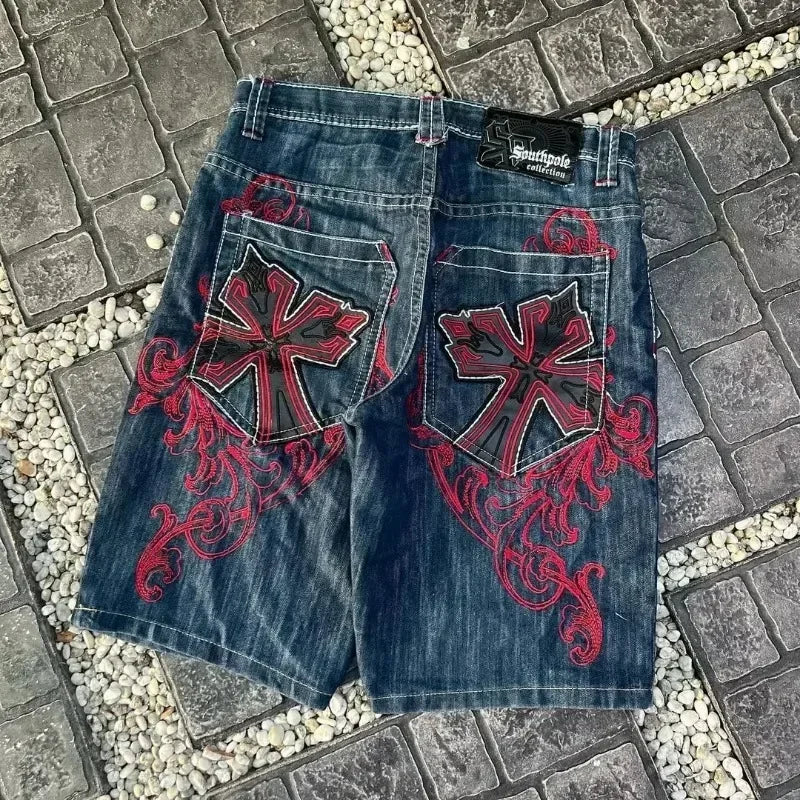 Harajuku Hip Hop Cartoon Denim Shorts Women Embroidery Patchwork Baggy Short American 2000s Y2k Jeans Low Waist Sports Shorts