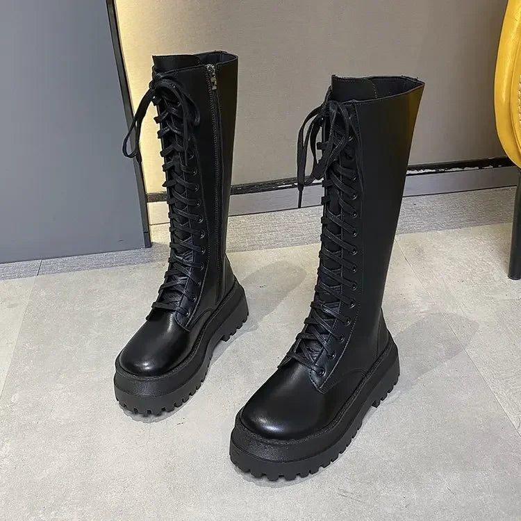 2024 New Thicken Winter Knight Boots Women Knee High Long Square Heel Boots Retro Thick Motorcycle Boots Black White Botas Mujer