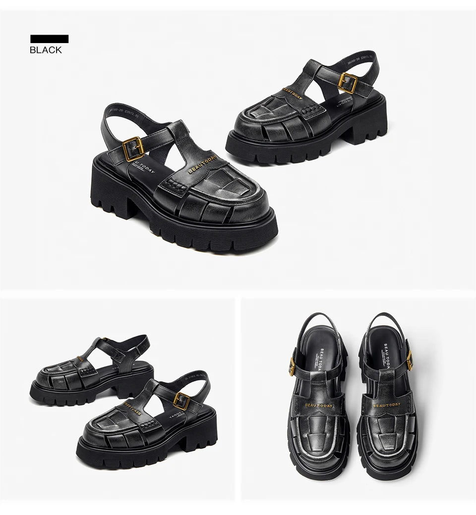 BEAUTODAY Gladiator Platform Sandals Women Solid Buckle T-Strap Thick Sole Retro Rome Summer Beach Ladies Shoes Handmade 38260