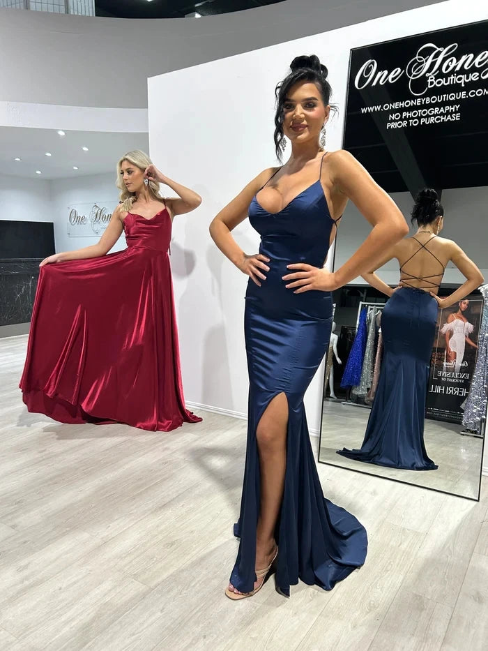 BABYONLINE Simple In Stock Soft Sliky Satin Bridesmaid Dresses Cowl Neck Tieing Thin Straps Leg Slit and Flowing A-line Dress