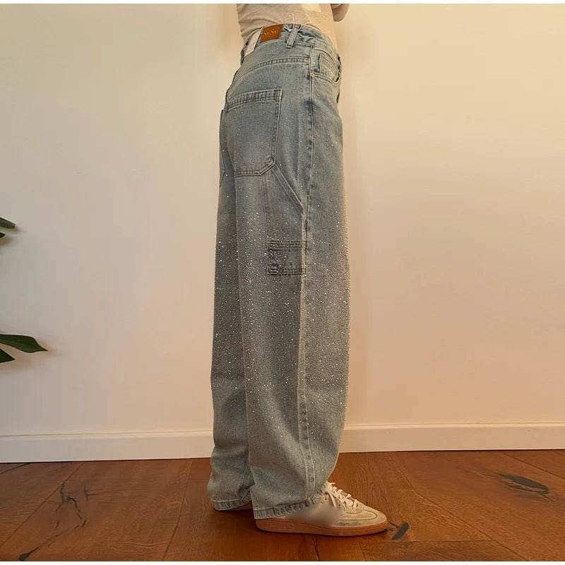 Shiny Rhinestone Baggy Women's Wide Leg Jeans Full Diamond Wide Leg Dragging Denim Pants Vintage Washed Pants Casual Trousers