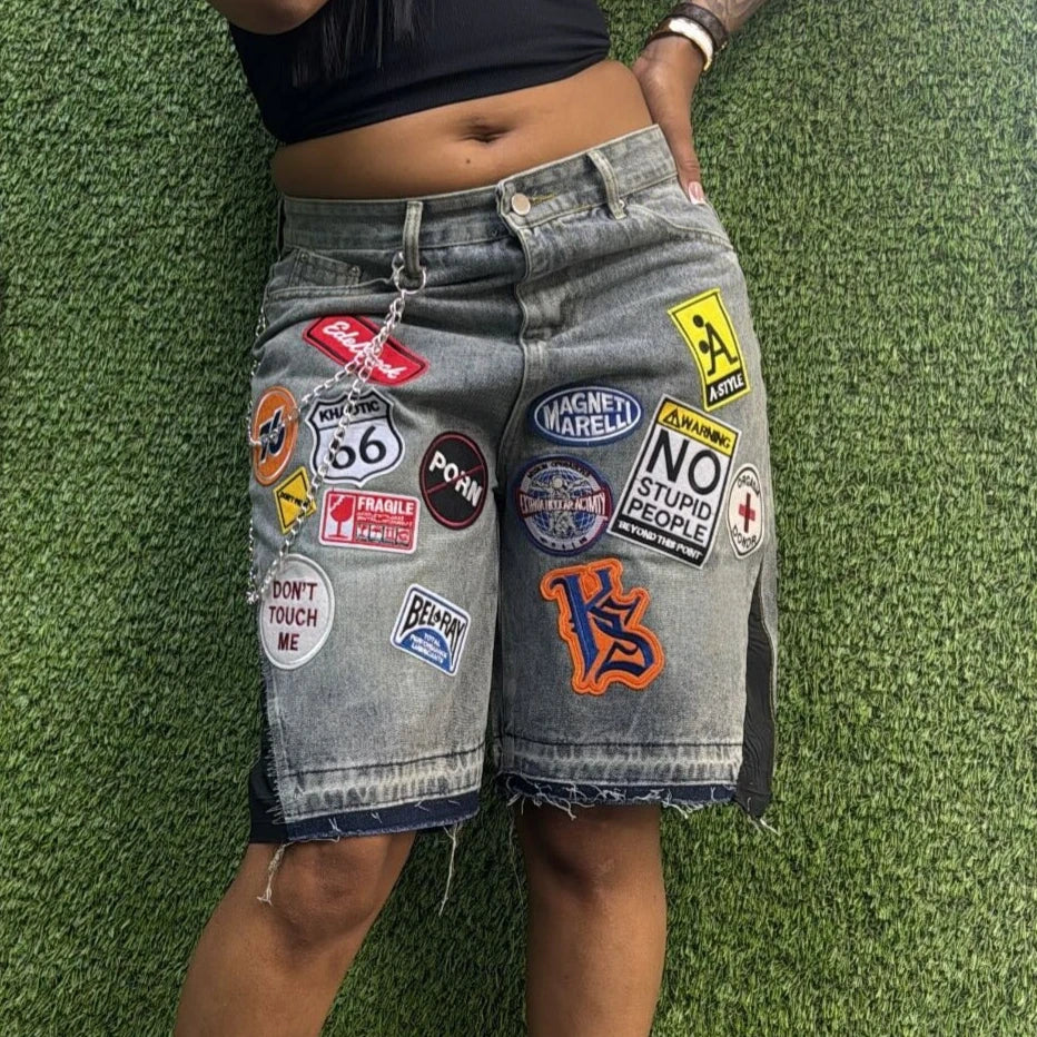 Harajuku Hip Hop Cartoon Denim Shorts Women Embroidery Patchwork Baggy Short American 2000s Y2k Jeans Low Waist Sports Shorts