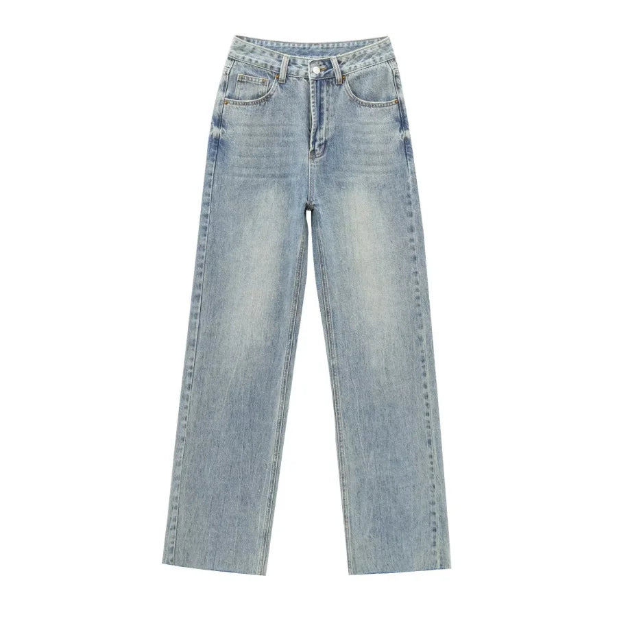 ETJ Wide-leg high-waisted jeans  women's classic everything with five pockets washed soft comfortable ultra-long jeans6045022