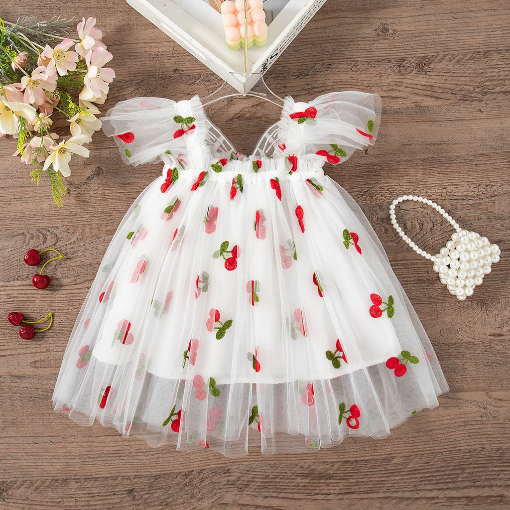 Summer New Girls' Dress Halter Small Flying Sleeve Embroidery Pattern Wings Sweet Princess Dress Mesh Princess Dress