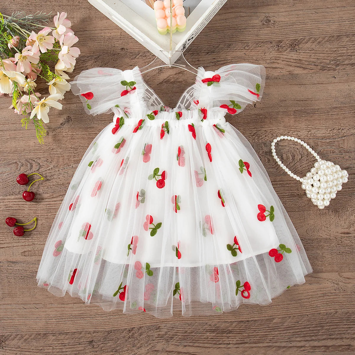 Summer New Girls' Dress Halter Small Flying Sleeve Embroidery Pattern Wings Sweet Princess Dress Mesh Princess Dress