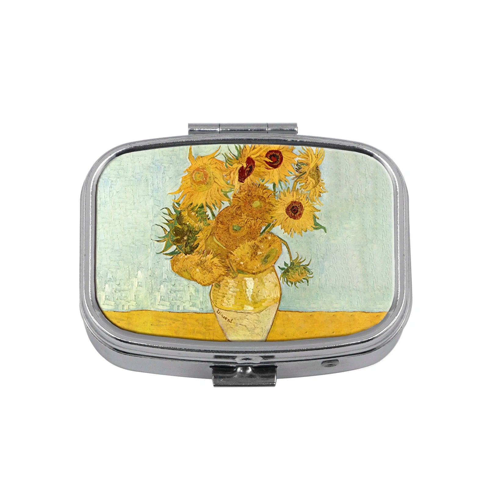 Oil Painting Metal Medicine Box with 2 Compartments Portable Travel Sealed Small Pill Organizer Container Storage