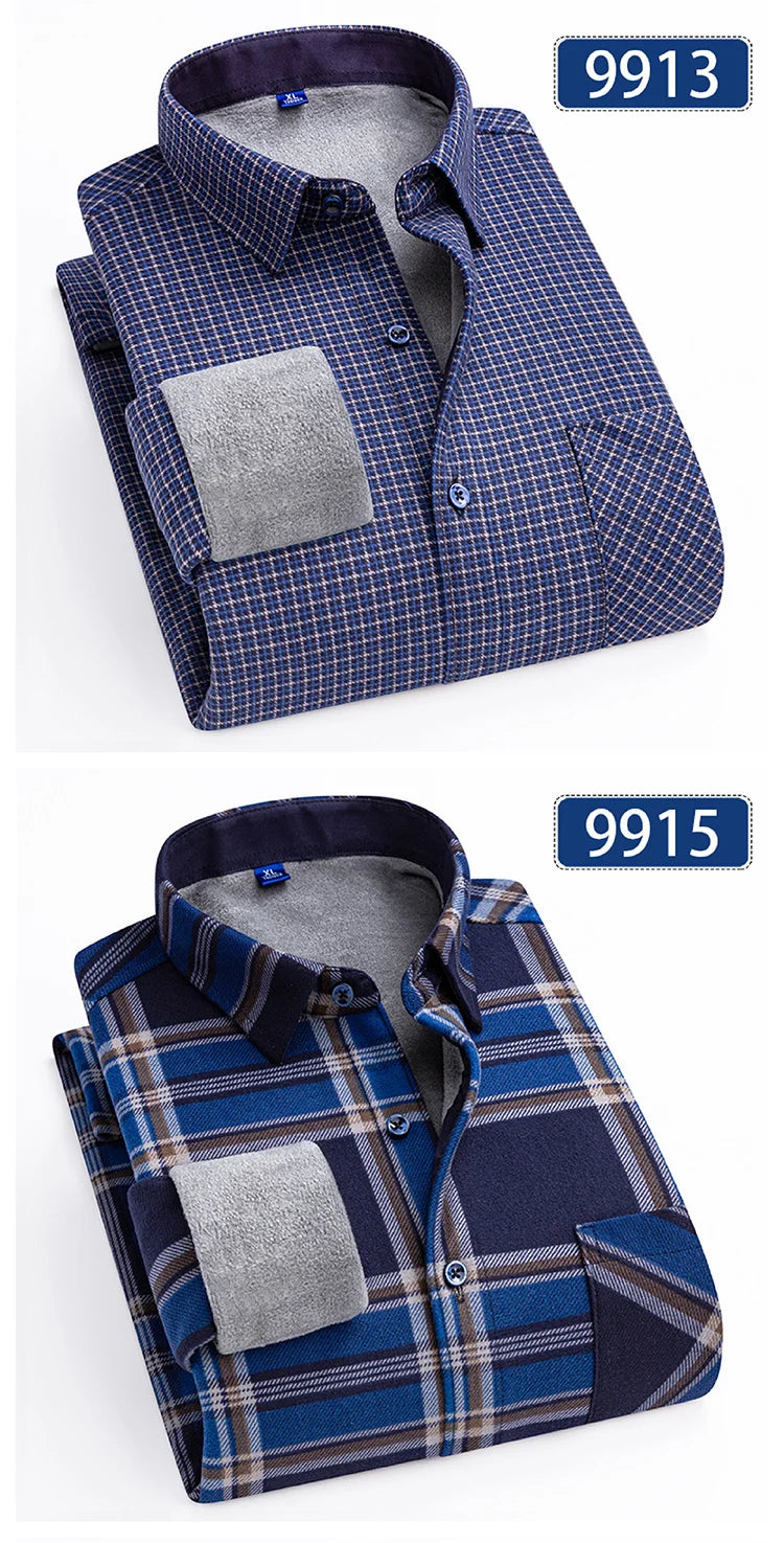 Autumn Winter Thicken Fleece Shirts For Men Business Plaid Shirt Long Sleeve Warm Clothes Male Single Pocket Classic Check Shirt