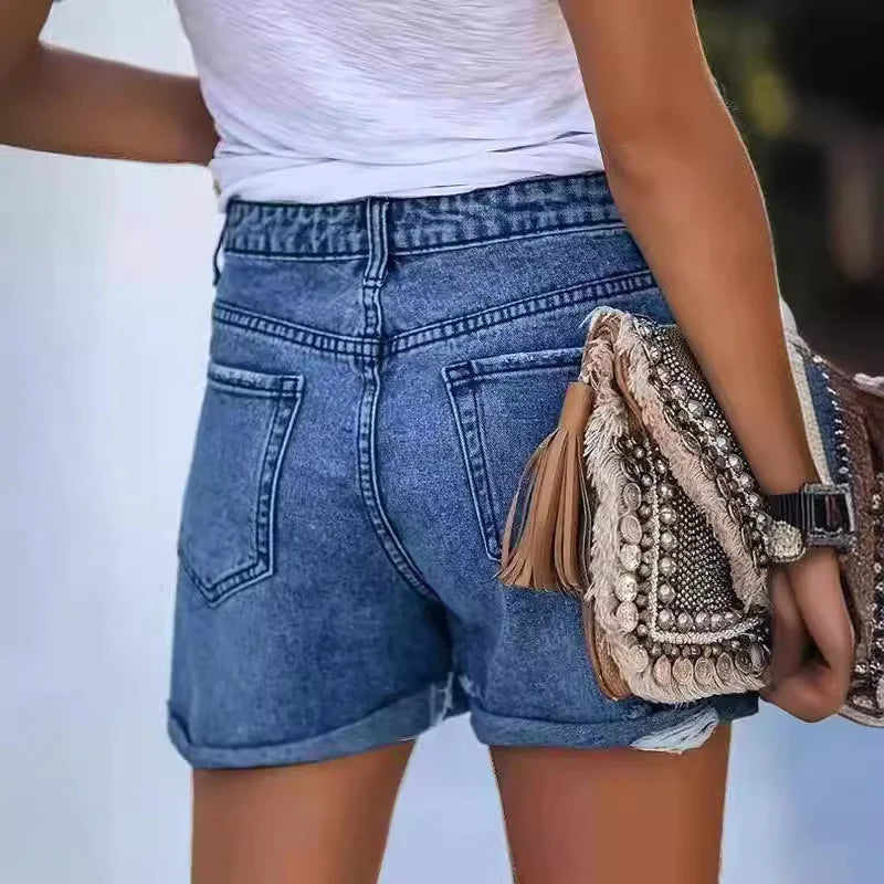2024 Fashion Folded Leg Denim Shorts Women Mid Waist Broken Holes Three Quarter Pants Summer Commuter Casual Mini Straight Jeans