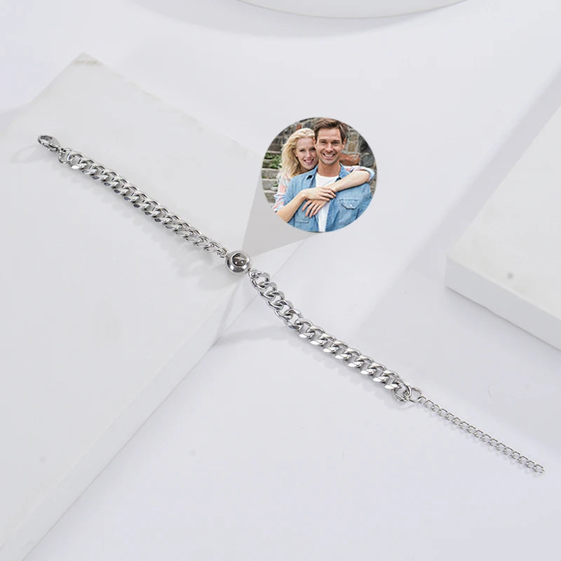 Custom Bracelet with Picture Inside Titanium Steel Cuban Link Chain Bracelet with Personalized Photo Projection for Men Women
