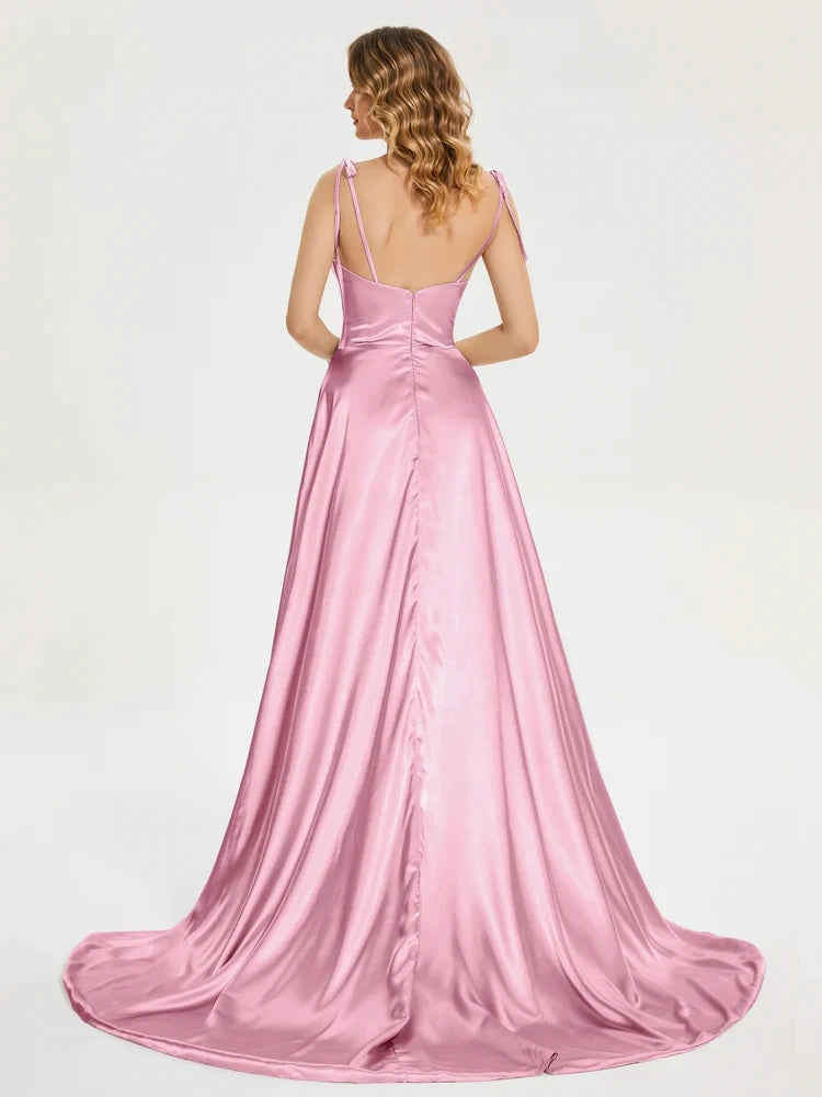 BABYONLINE Simple In Stock Soft Sliky Satin Bridesmaid Dresses Cowl Neck Tieing Thin Straps Leg Slit and Flowing A-line Dress