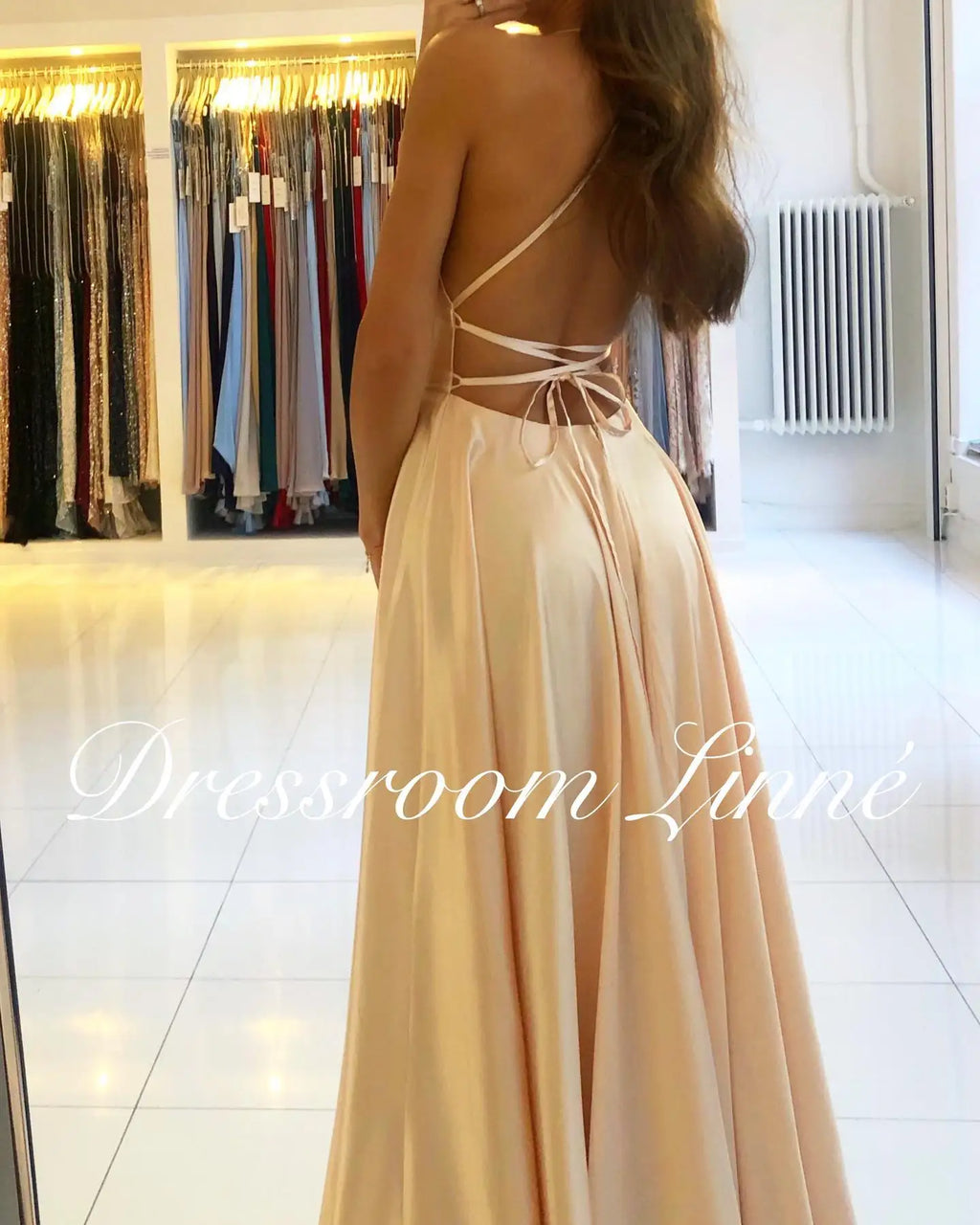 BABYONLINE Simple In Stock Soft Sliky Satin Bridesmaid Dresses Cowl Neck Tieing Thin Straps Leg Slit and Flowing A-line Dress