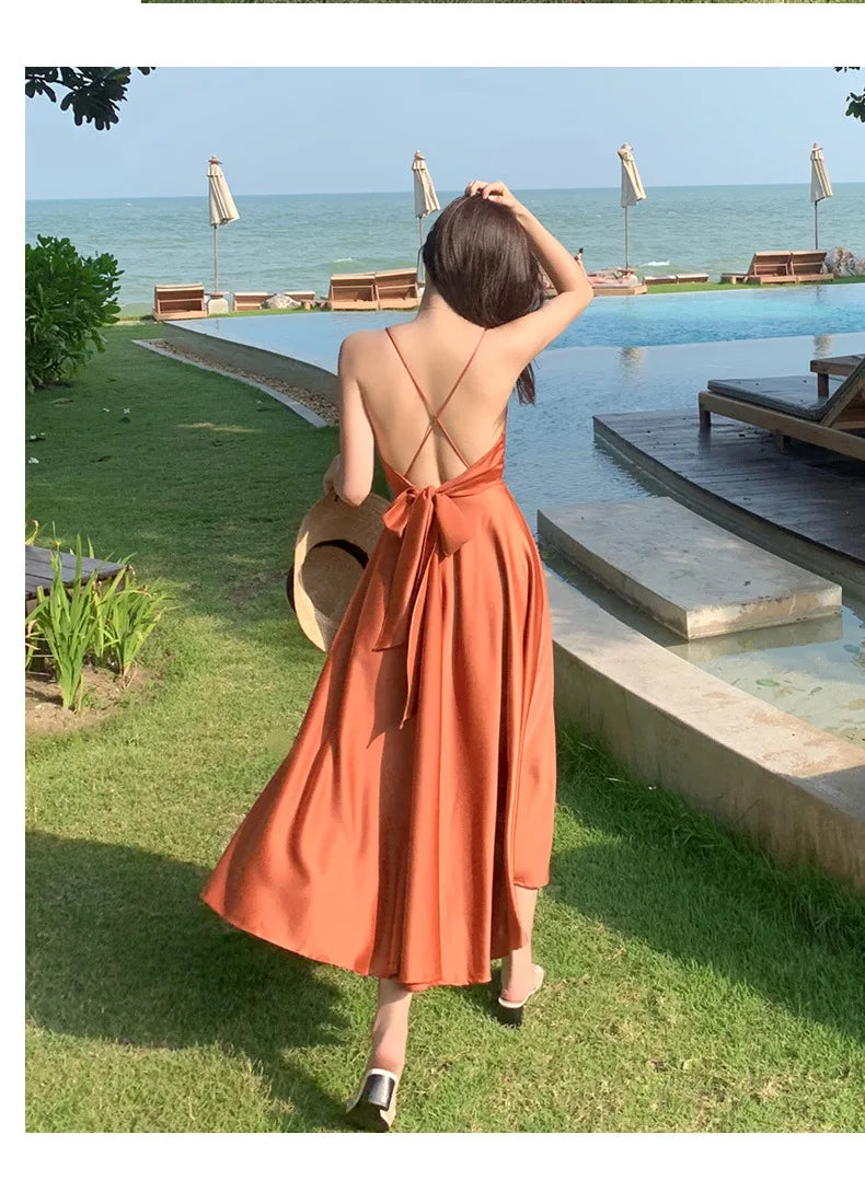 New ivory Caramel terracotta Auburn satin 120cm over knee spaghetti backless strap summer lady girl dress gown daily wear
