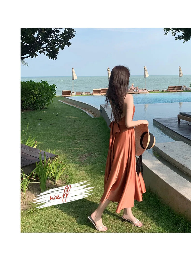 New ivory Caramel terracotta Auburn satin 120cm over knee spaghetti backless strap summer lady girl dress gown daily wear