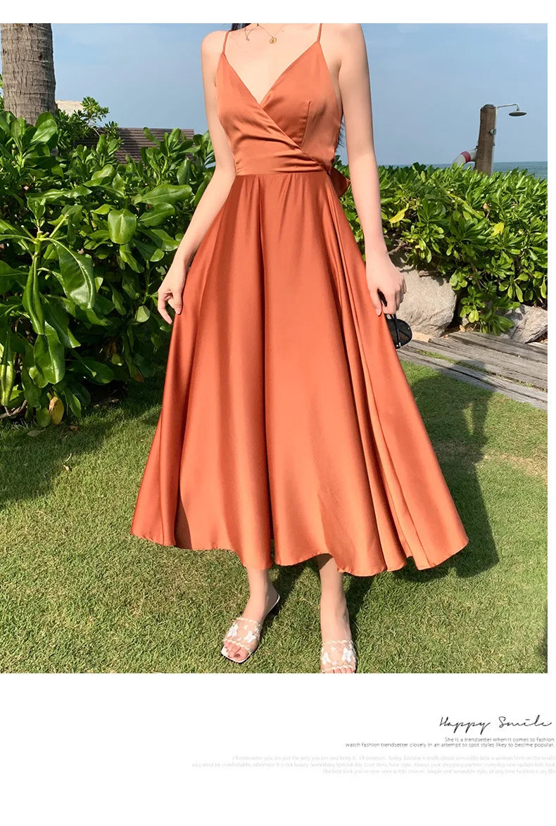 New ivory Caramel terracotta Auburn satin 120cm over knee spaghetti backless strap summer lady girl dress gown daily wear