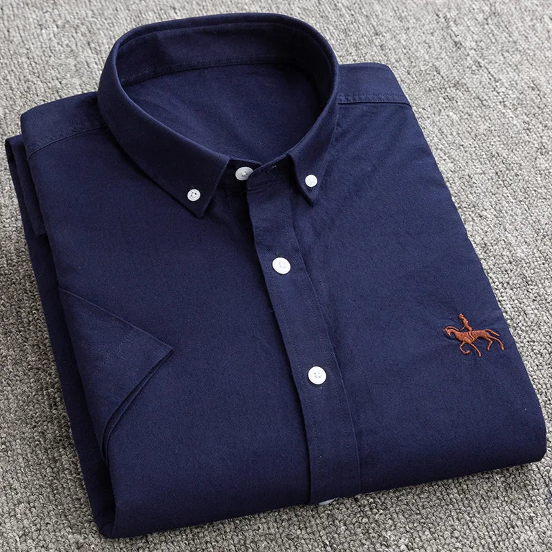 100% Pure Cotton Oxford Shirt For Men’s Short Sleeve Solid Stripe Leisure Embroidered Horse Social Business Formal Dress Shirts