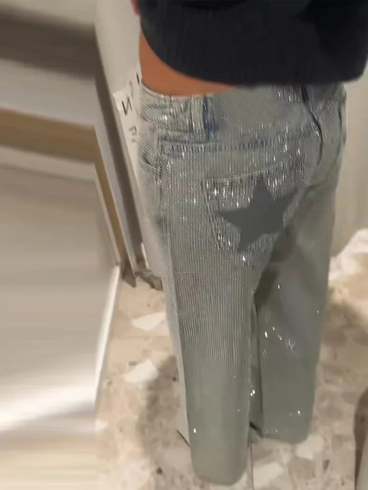 Shiny Rhinestone Baggy Women's Wide Leg Jeans Full Diamond Wide Leg Dragging Denim Pants Vintage Washed Pants Casual Trousers