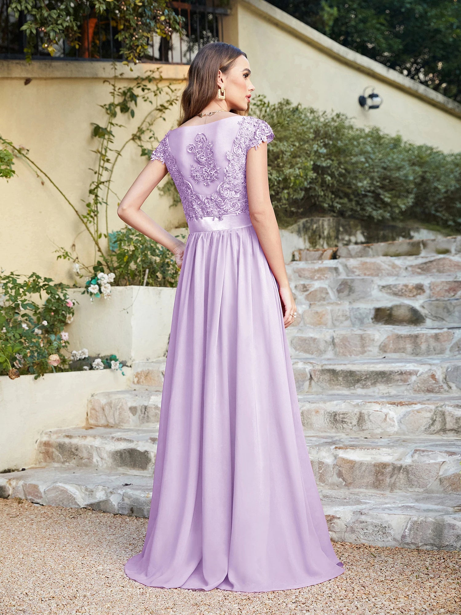 A-line V Neck Sleeveless Floral Lace Chiffon Back Hollow Long Paty Bridesmaid Dress Women 2024 For Wedding Sexy Evening Dress