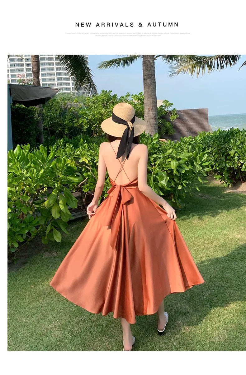 New ivory Caramel terracotta Auburn satin 120cm over knee spaghetti backless strap summer lady girl dress gown daily wear