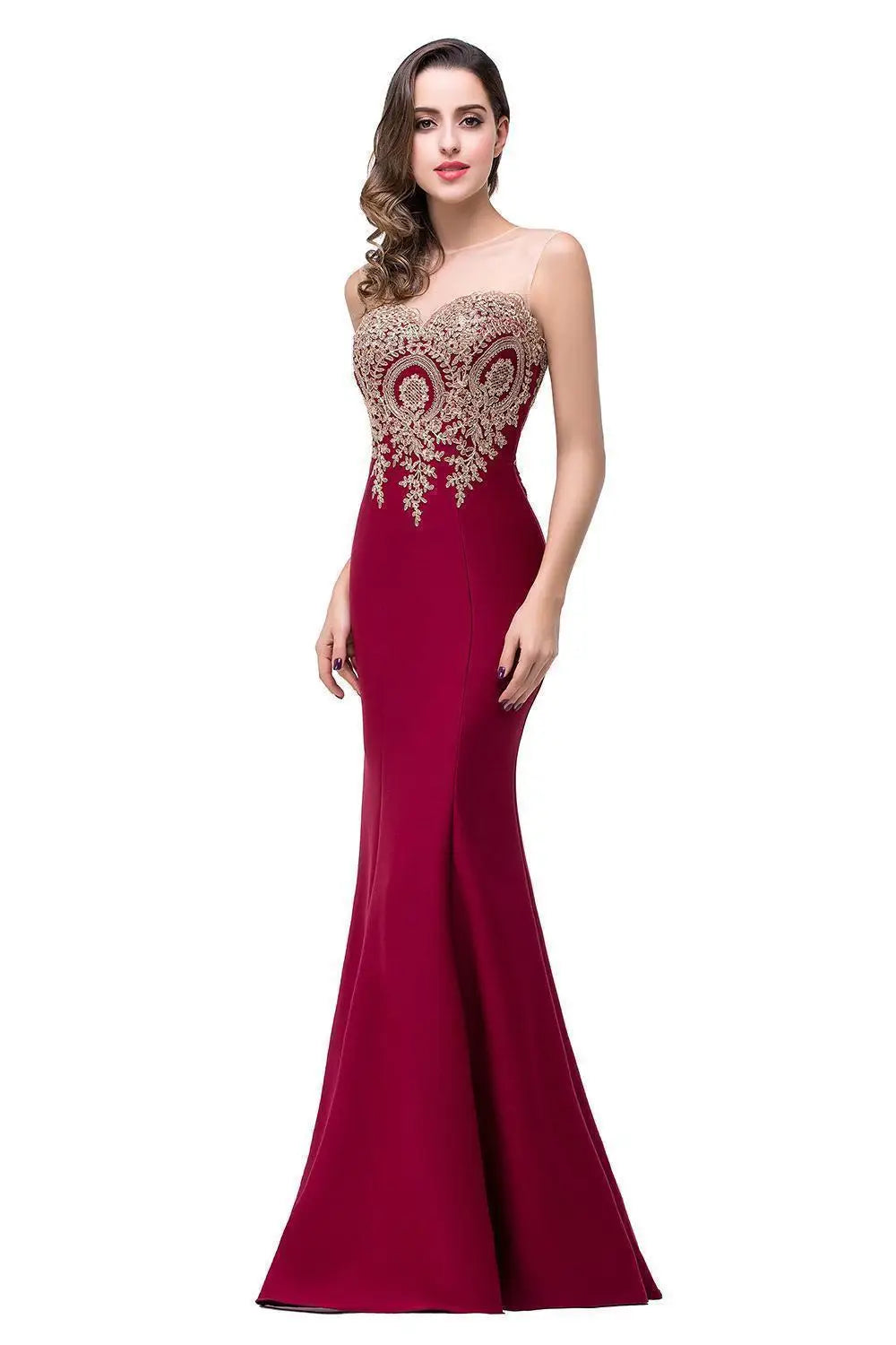 BABYONLINE Golden Appqulies Bridesmaid Dresses for Women Maxi Floor Length Mermaid Gowns Elegant Sweetheart Illusion Summer