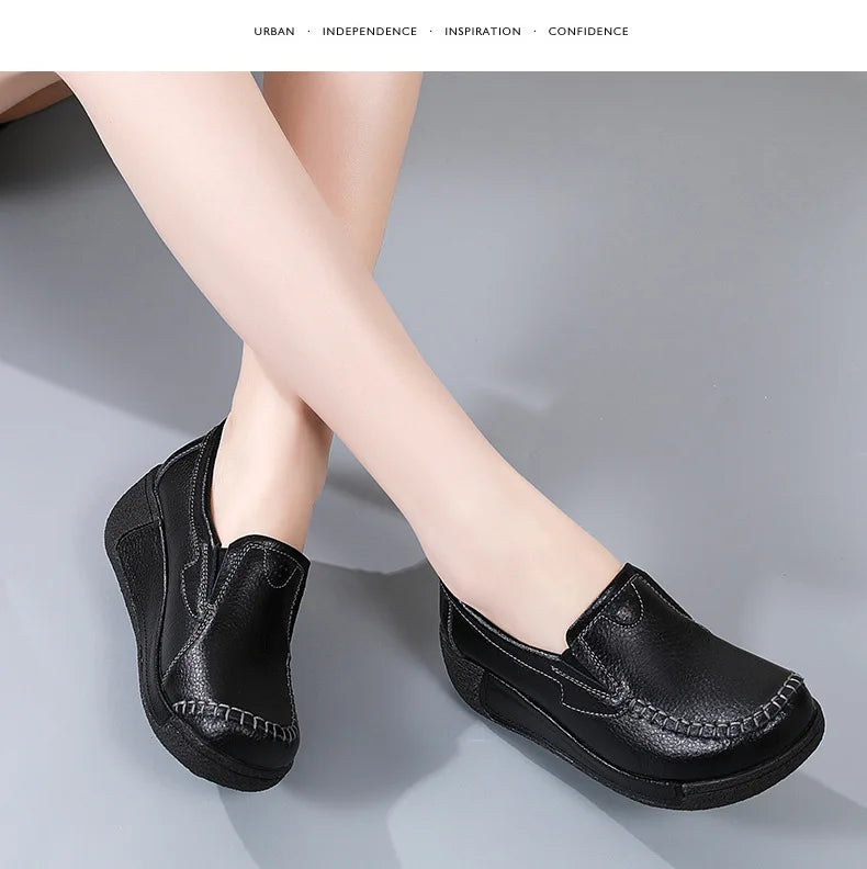 2022 Spring Autumn Women Flats Platform Loafers Ladies Genuine Leather Comfort Wedge Moccasins Orthopedic Slip On Casual Shoes