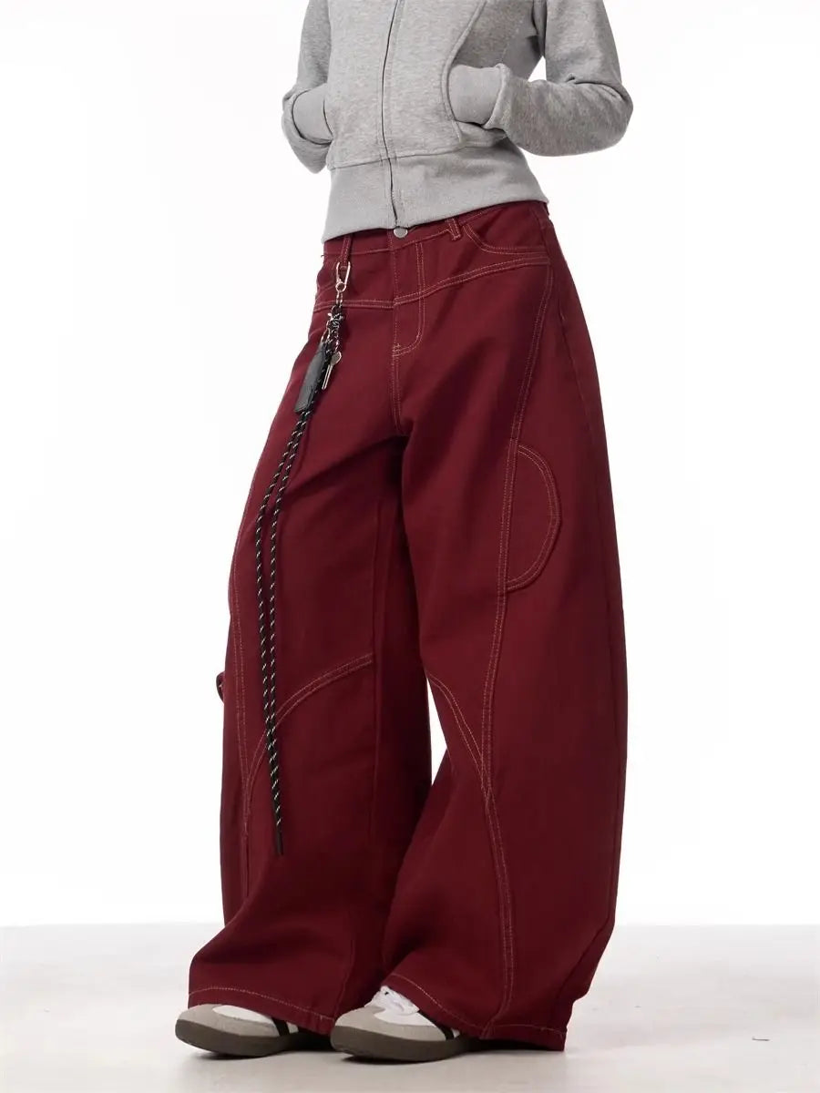 Cargo Red Casual Jeans Womens Workwear Pants Loose Straight Wide Leg Trousers Spring Korean Style Lazy Comfortable Chic