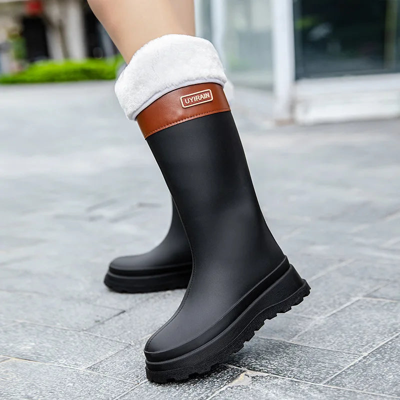 Adult Fashionable High-top Rain Boots Women's Waterproof and Non-slip Rain Boots for Outdoor Travel and Camping Cotton Warm Boot