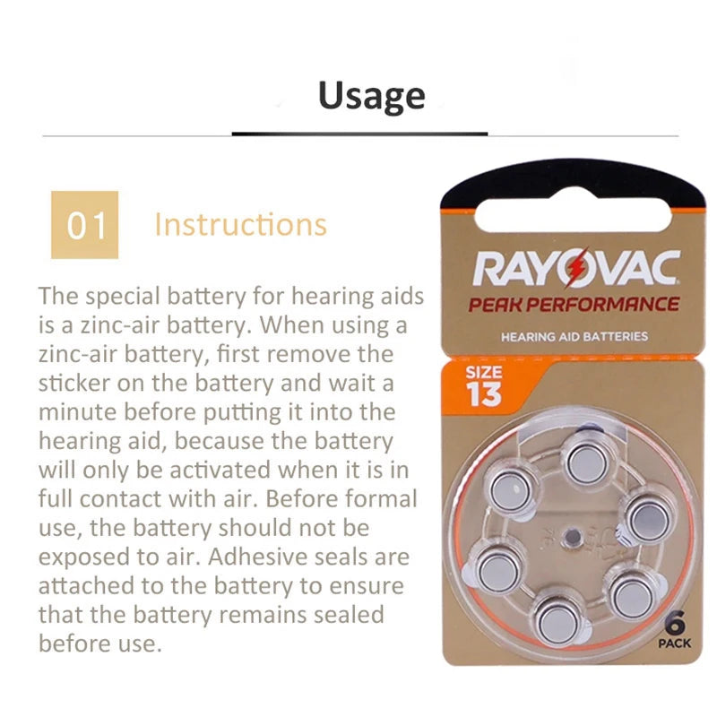 Hearing Aid Batteries 60PCS / 10 Cards RAYOVAC PEAK 1.45V 13A A13 13 P13 PR48 Zinc Air Battery For BTE CIC RIC OE Hearing Aids
