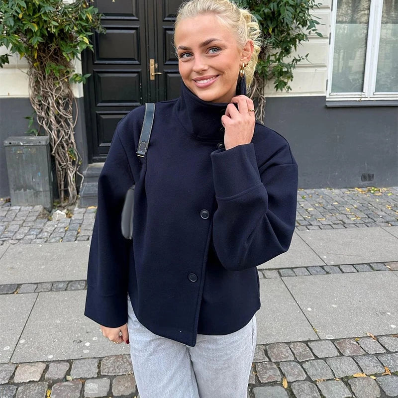 Stand Collar Women Spring Woolen Coats Single Breasted Loose Female Long Sleeve Jacket  Fashion Office Lady Street Short Coat