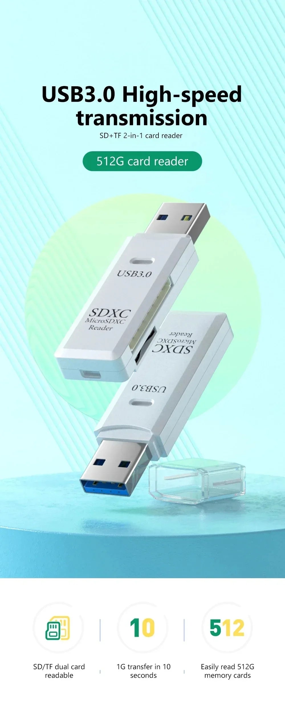 2 in 1 USB 3.0 Card Reader High Speed SD TF Memory Card Adapter for PC Laptop Computer Camera Tablet Accessories