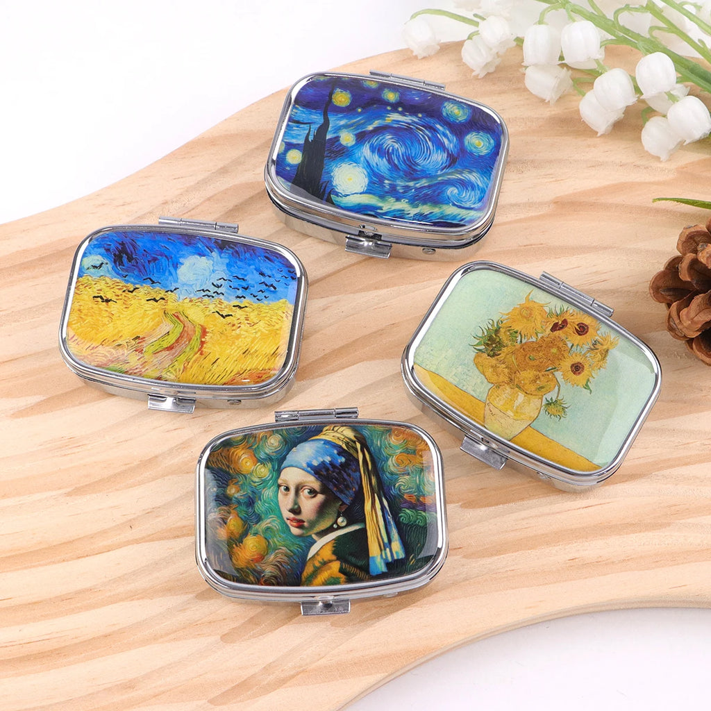 Oil Painting Metal Medicine Box with 2 Compartments Portable Travel Sealed Small Pill Organizer Container Storage