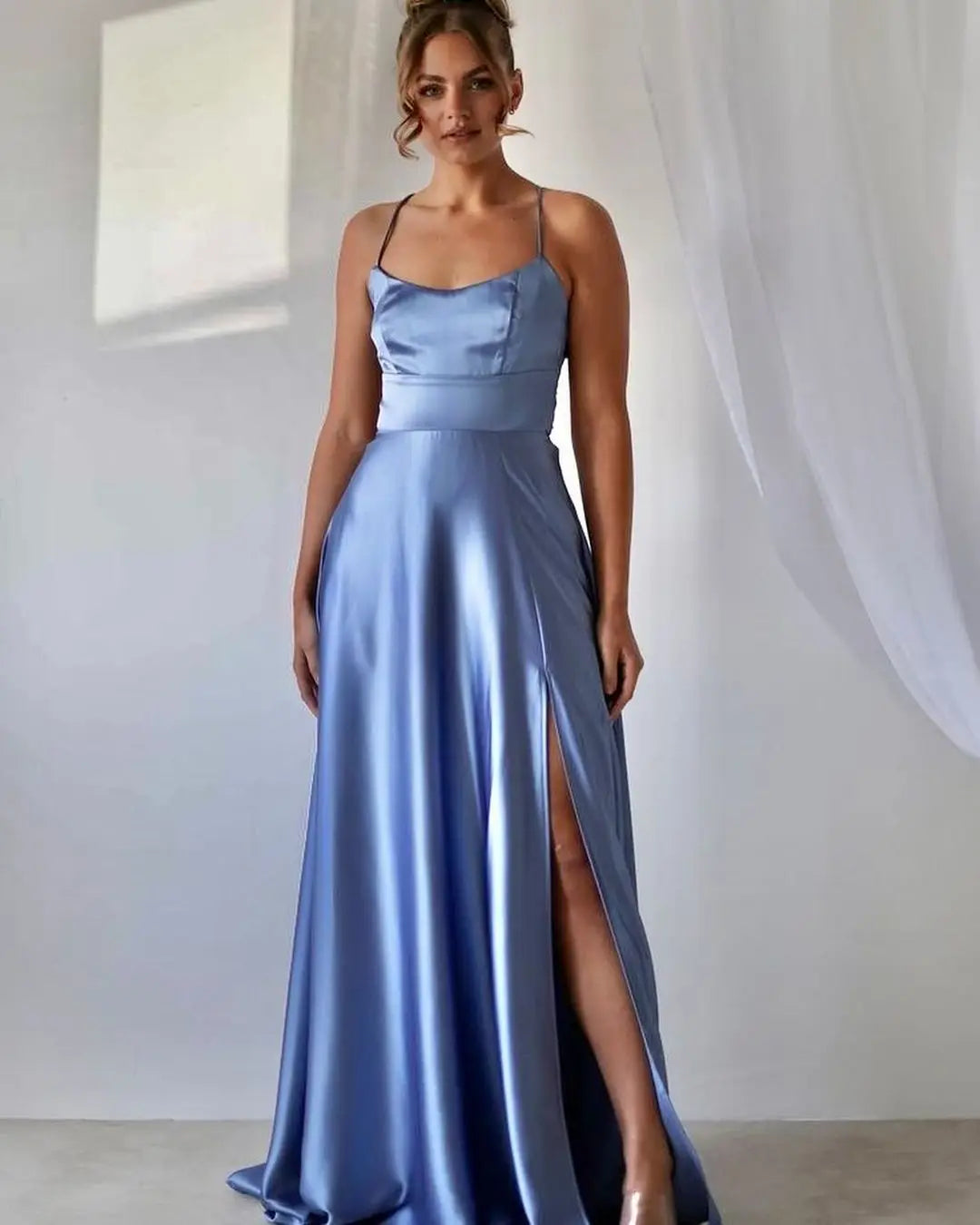 A-line Slit Cowl Neckline Satin 3 Styles Bridesmaid Dress With Tieing Dresses For Special Events Evening Dress Dresses For Prom