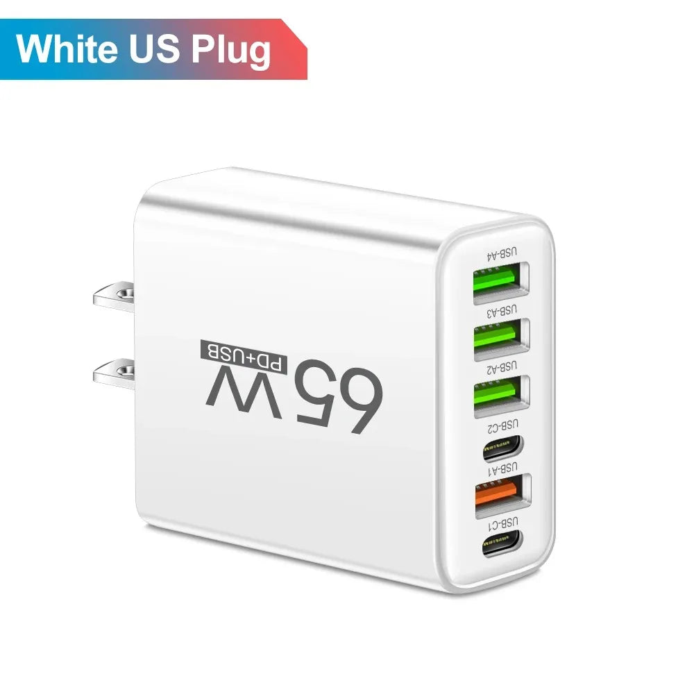 65W 6 in 1 USB Charger Type C Fast Charging Phone Wall Charger Adapter For iPhone Samsung Xiaomi Huawei EU/US Plug Quick Charger