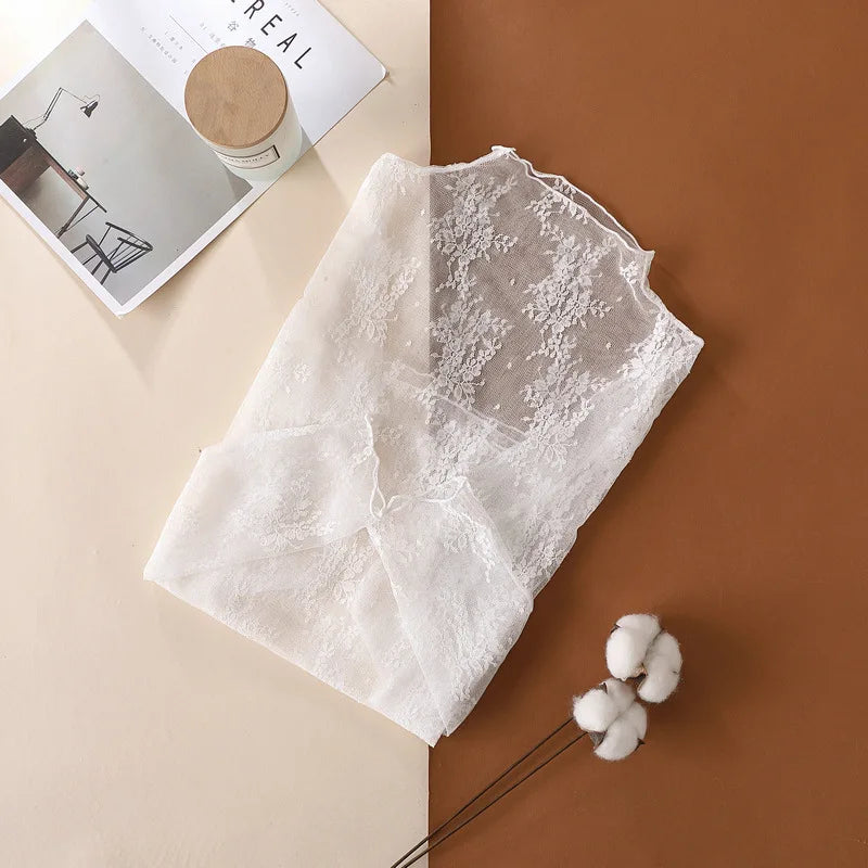 Sexy Women Mesh T-Shirts Transparent Lace Blouse Long Sleeve See Through Tops For Women Bottoming Shirt Sheer Tees Body Crop Top