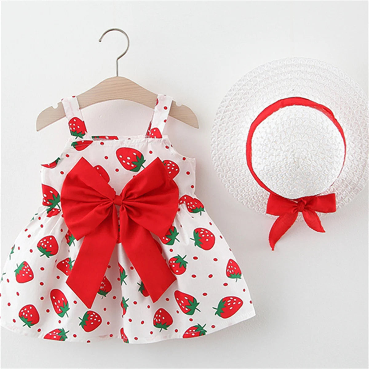 New Summer Baby Girls Dress + Hat Big Bow Ribbon Halter Strawberry Polka Dot Full Print Sweet Princess Dress Birthday Party Team