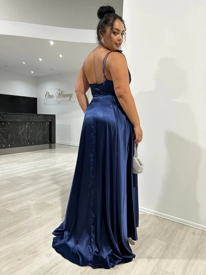 BABYONLINE Simple In Stock Soft Sliky Satin Bridesmaid Dresses Cowl Neck Tieing Thin Straps Leg Slit and Flowing A-line Dress