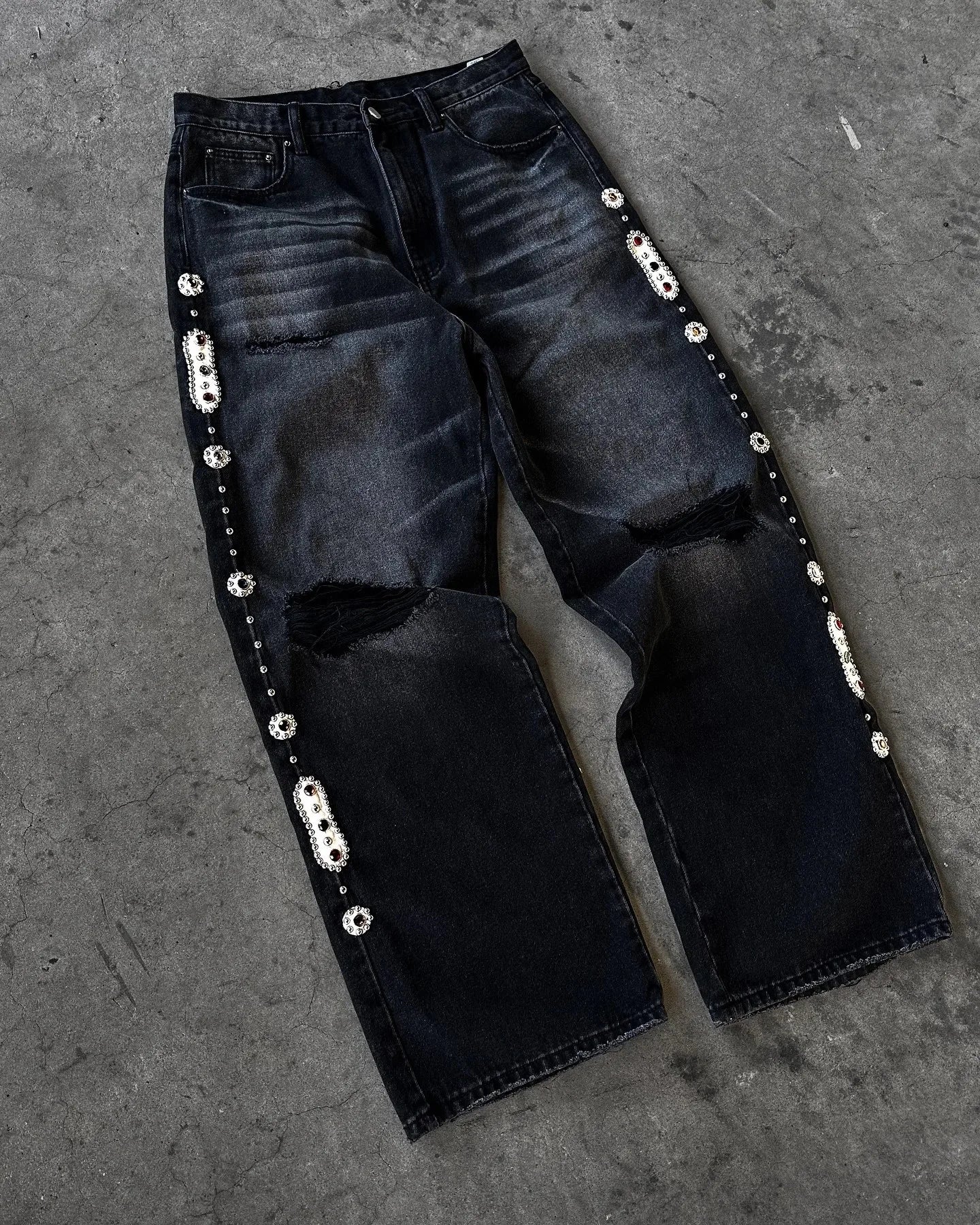 Gothic Womens Diamond Embroidery Jeans Vintage Low Rise Flared Jeans Women Retro Y2k Baggy Denim Pants High Streetwear Trousers
