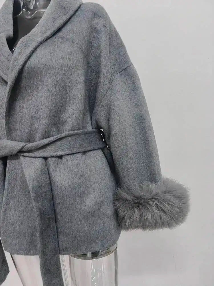 UCXQ Elegant OL Office Lady Overcoats Fur Patchwork Long Sleeve Woolen Coat Beautiful Women's Clothing Jacket Autumn 2025 Winter