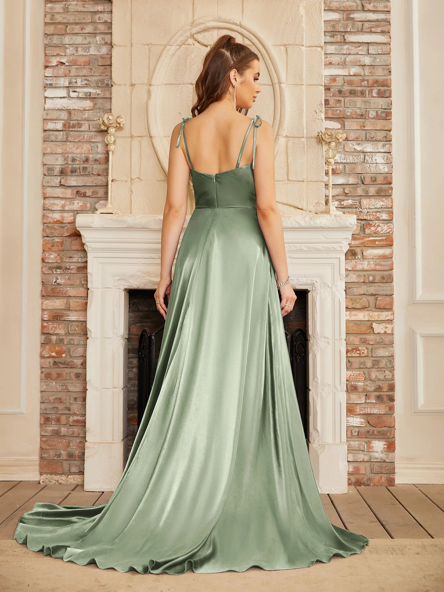 BABYONLINE Simple In Stock Soft Sliky Satin Bridesmaid Dresses Cowl Neck Tieing Thin Straps Leg Slit and Flowing A-line Dress
