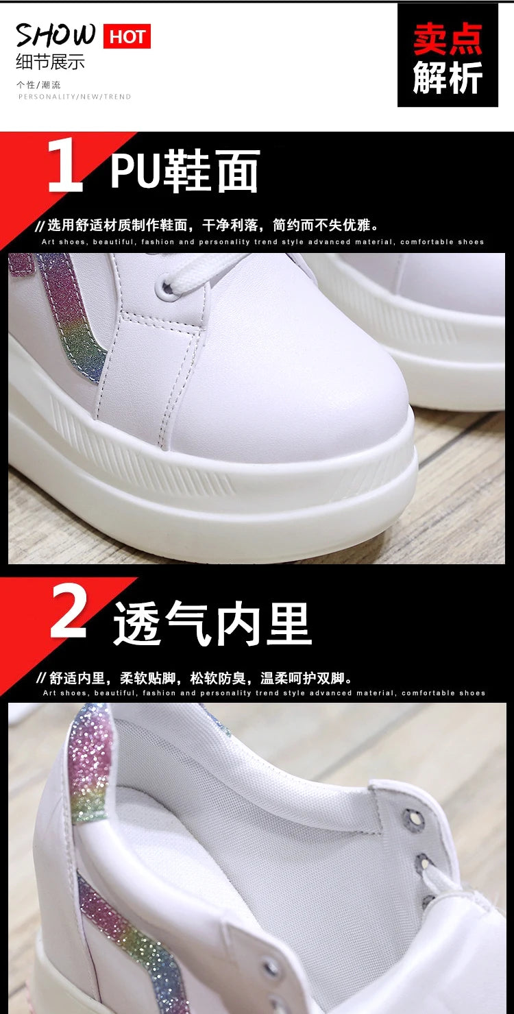 Women's Ankle Boots Autumn Leather Chunky Shoes Woman Platform Height Increased Sneakers 10.5CM Thick Sole Wedges White Boots