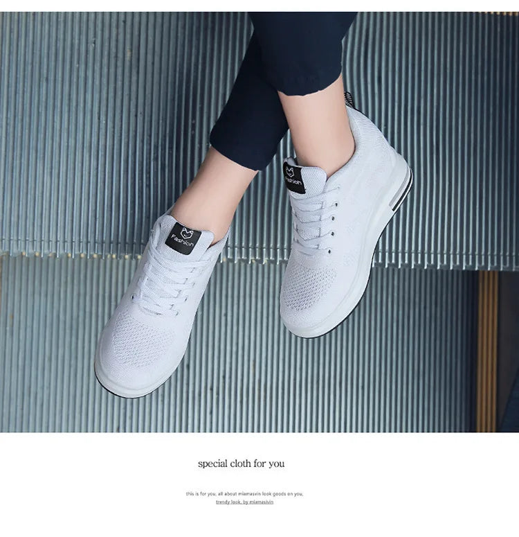 Casual Increase Women Shoes Mesh Comfortable Breathable Wedge Heels Fashion Contracted Lace Up Running Sneakers Tênis Branco