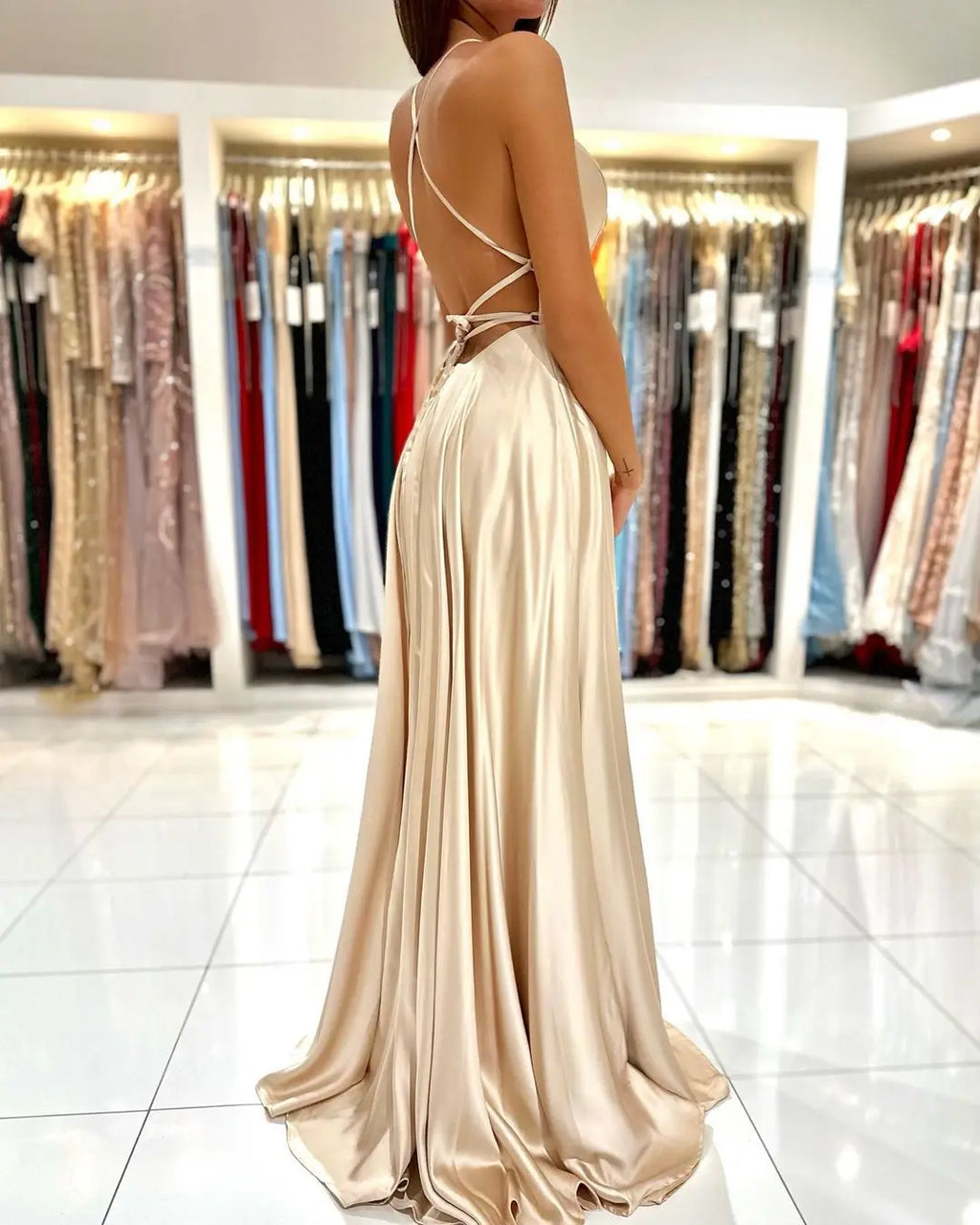 BABYONLINE Simple In Stock Soft Sliky Satin Bridesmaid Dresses Cowl Neck Tieing Thin Straps Leg Slit and Flowing A-line Dress