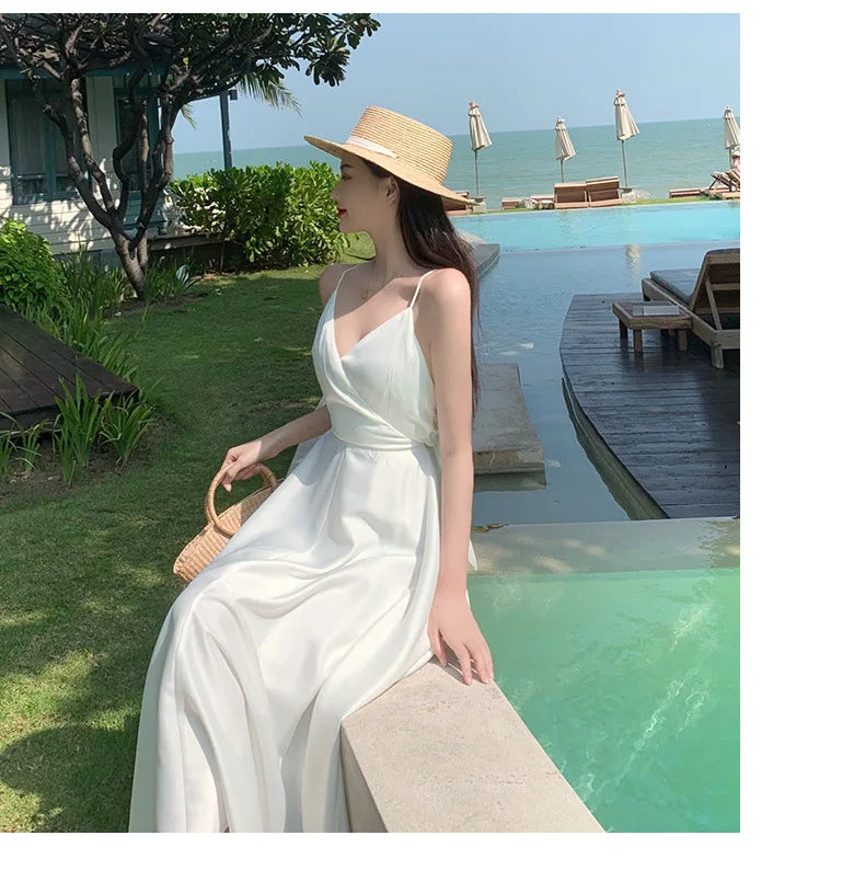 New ivory Caramel terracotta Auburn satin 120cm over knee spaghetti backless strap summer lady girl dress gown daily wear