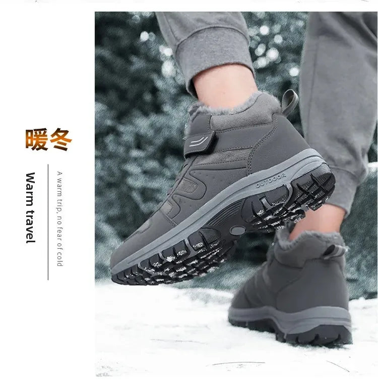 Winter High Top Snow Boots Men's Cotton Shoes Warm Fleece Lined Outdoor Anti-slip Casual Flats for Elderly And Middle-aged