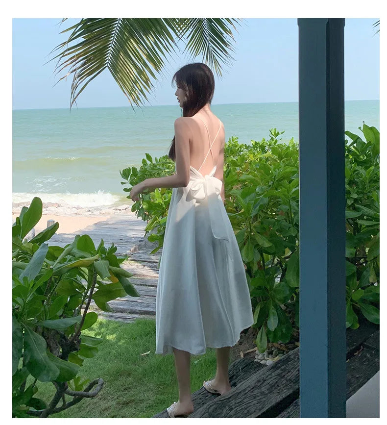 New ivory Caramel terracotta Auburn satin 120cm over knee spaghetti backless strap summer lady girl dress gown daily wear