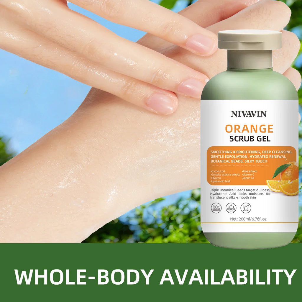 200ml Orange Scrub Gel is suitable for all skin types, gently removes dead skin cells, moisturizes and brightens the skin tone