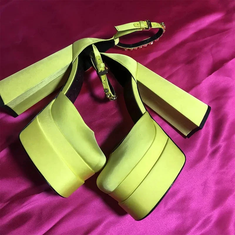 High Heels Women 2025 New Fashion Show 15cm Personality Super High Heel Waterproof Square Head Black Silk Runway Shoes