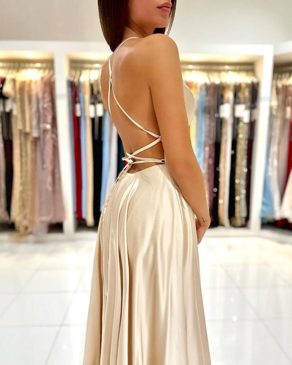 BABYONLINE Simple In Stock Soft Sliky Satin Bridesmaid Dresses Cowl Neck Tieing Thin Straps Leg Slit and Flowing A-line Dress