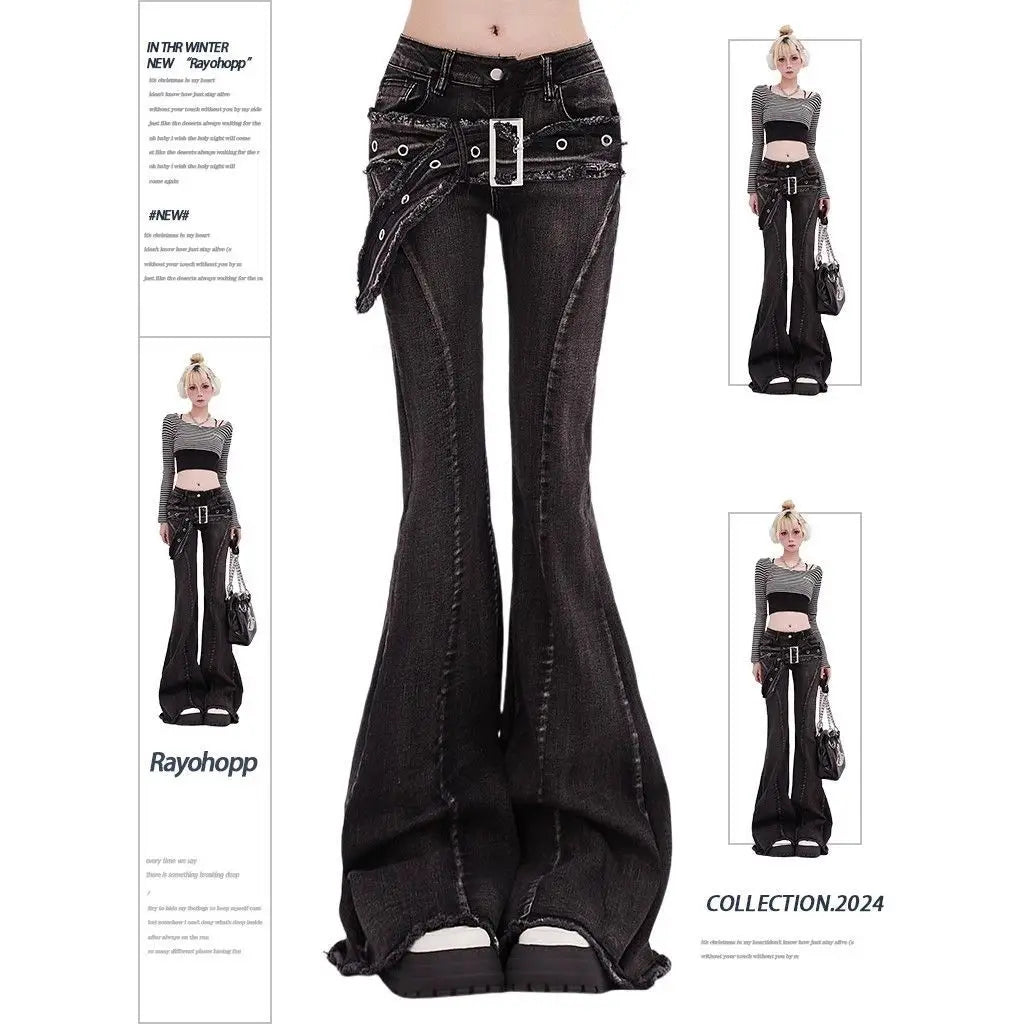 Vintage Slim Micro-flare Jeans Women Ins Fashionable Splicing Belt Edge Y2K Pants High Waist Straight American Street Trousers